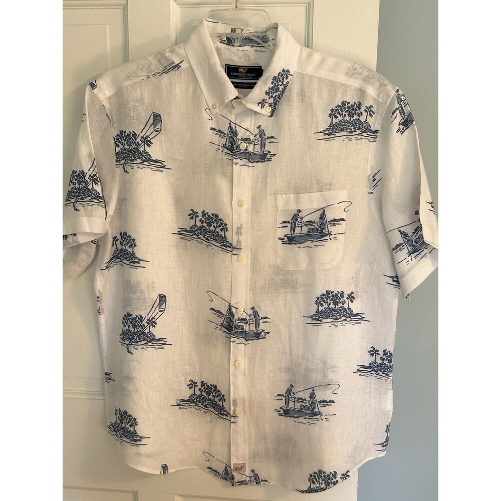 Vineyard Vines Men's Murray Nautical Linen Short Sleeve Shirt White Blue